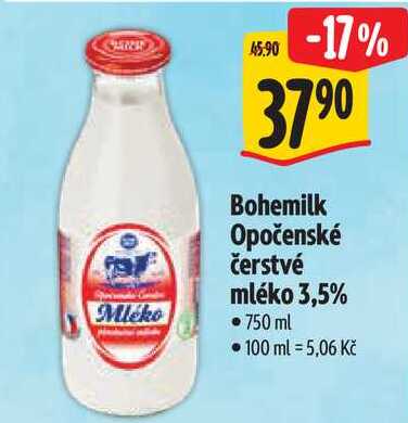 Bohemilk Opočenské čerstvé mléko 3,5%, 750 ml 