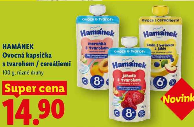 HAMÁNEK Ovocná kapsička s tvarohem/cereáliemi, 100 g