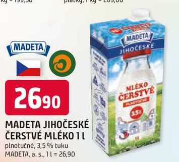 MADETA JIHOČESKÉ ČERSTVÉ MLÉKO 1l plnotučné, 3,5 % tuku