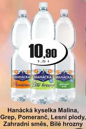 Hanácká kyselka Malina, Grep, Pomeranč, Lesní plody, Zahradní směs, Bílé hrozny 1,5 L