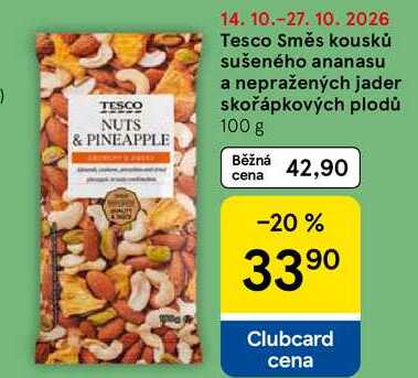 Tesco Směs kousků sušeného ananasu a nepražených jader skořápkových plodů, 100 g