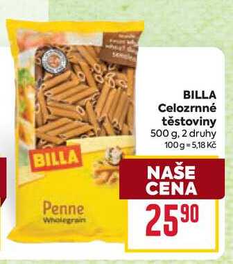 BILLA Celozrnné těstoviny 500 g