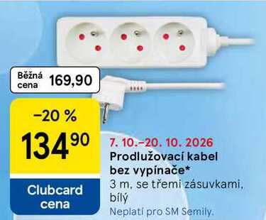 Prodlužovací kabel bez vypínače, 3 m. se třemi zásuvkami, bílý