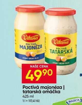 Vitana Poctivá tatarská omáčka, majonéza 425ml, vybrané druhy