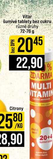 Vitar šumivé tablety bez cukru různé druhy 72-76 g