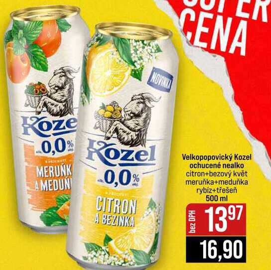 Velkopopovický Kozel ochucené nealko citron+bezový květ meruňka+meduňka rybíz+třešeň 500 ml