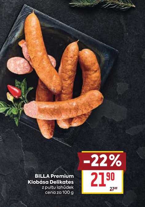 BILLA Premium Klobása Delikates z pultu lahůdek cena za 100 g