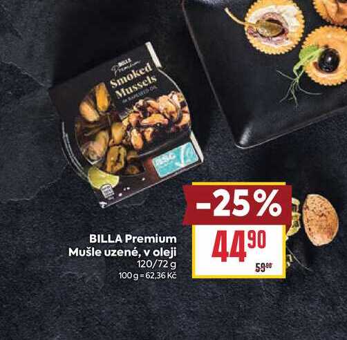 BILLA Premium Mušle uzené, v oleji 120/72 g 