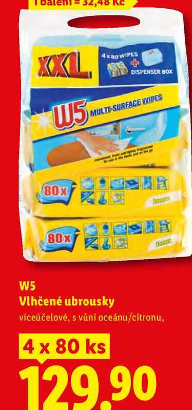 W5 Vlhčené ubrousky, víceúčelové, s vůní oceánu/citronu, 4 x 80 ks