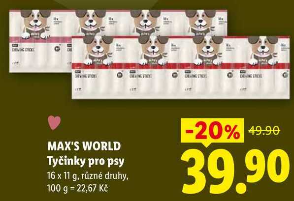MAX'S WORLD Tyčinky pro psy, 16 x 11 g, různé druhy