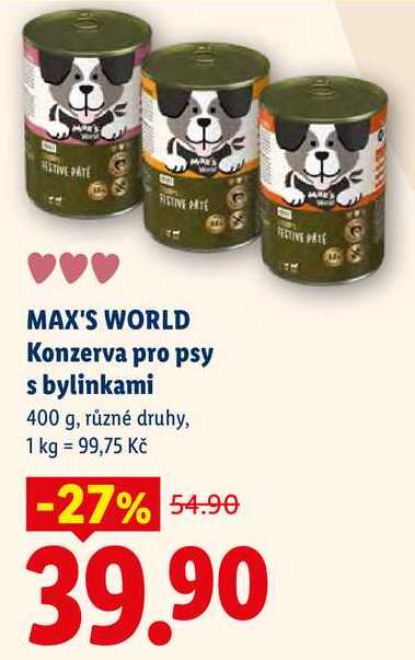 MAX'S WORLD Konzerva pro psy s bylinkami, 400 g, různé druhy