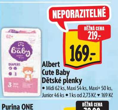 Albert Cute Baby Dětské plenky - Midi 62 ks, Maxi 54 ks, Maxi+ 50 ks, Junior 46 ks