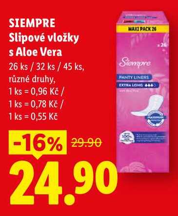SIEMPRE Slipové vložky s Aloe Vera, 26 ks/32 ks/45 ks