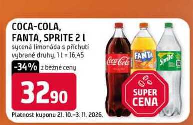 COCA-COLA, FANTA, SPRITE 2l sycená limonáda s příchutí vybrané druhy