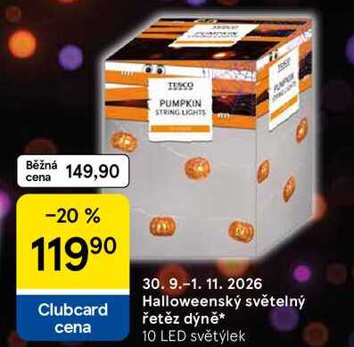 Halloweenský světelný řetěz dýně, 10 LED světýlek 