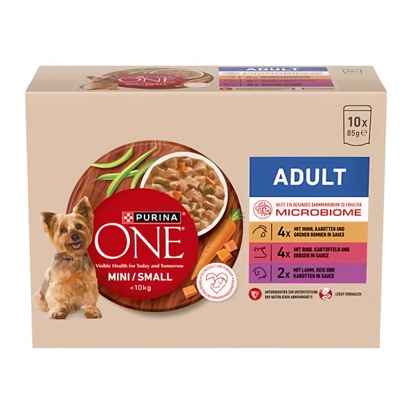 Purina ONE Mini Dog Adult kapsičky pro psy kuře a hovězí, jehněčí ve šťávě 10x85g