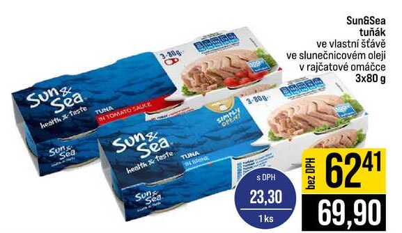 Sun&Sea tuňák ve vlastní šťávě ve slunečnicovém oleji v rajčatové omáčce 3x80 g