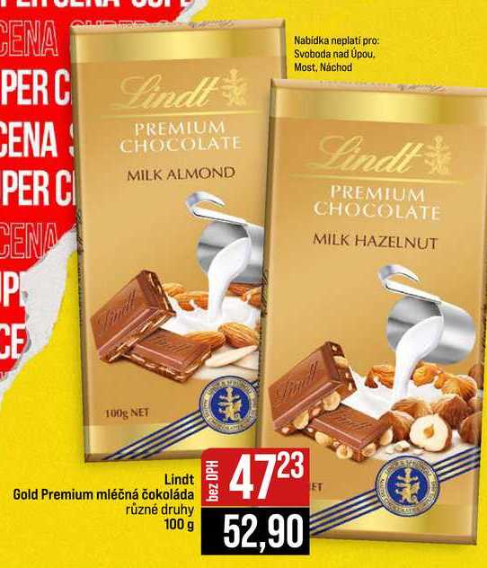 Lindt Gold Premium mléčná čokoláda různé druhy 100 g 