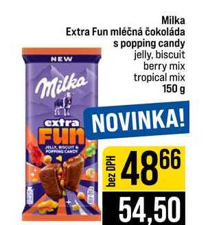 Milka Extra Fun mléčná čokoláda s popping candy jelly, biscuit berry mix tropical mix 150 g