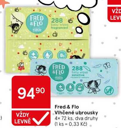 Fred & Flo Vlhčené ubrousky, 4x 72 ks