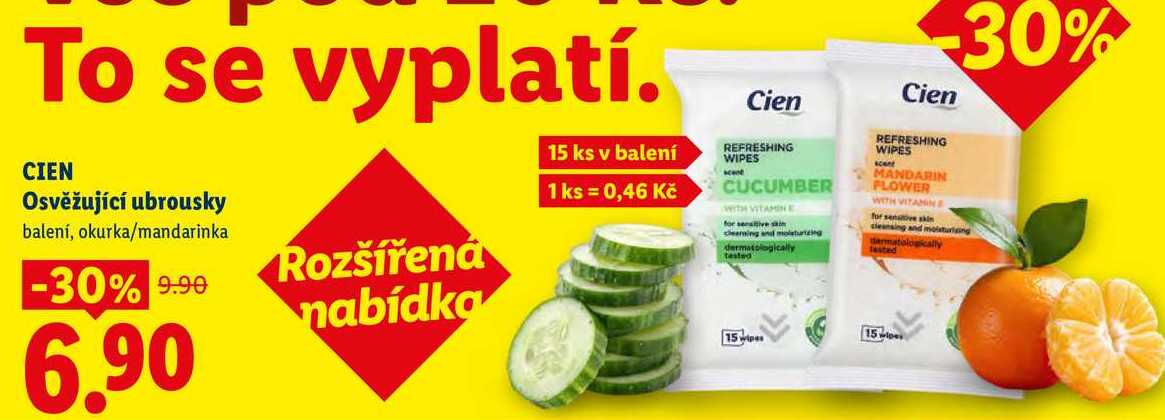 CIEN Osvěžující ubrousky, balení, okurka/mandarinka
