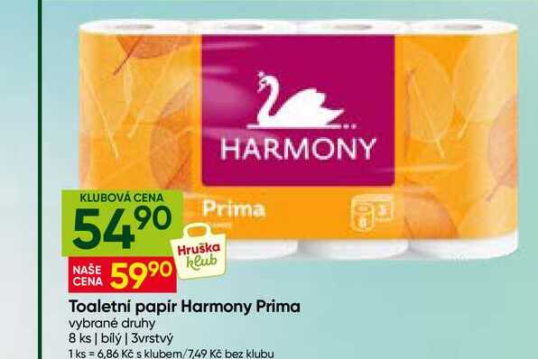 Toaletní papír Harmony Prima vybrané druhy 8 ks bílý 3vrstvý