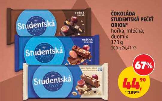 ČOKOLÁDA STUDENTSKÁ PEČEŤ ORION hořká, mléčná, duomix, 170 g