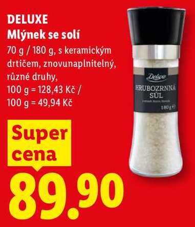 DELUXE Mlýnek se solí, 70 g / 180 g, s keramickým drtičem, znovunaplnitelný, různé druhy