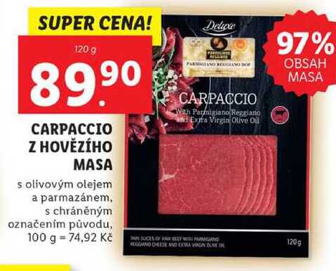 CARPACCIO Z HOVĚZÍHO MASA s olivovým olejem a parmazánem, 120 g
