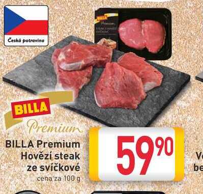 BILLA Premium Hovězí steak ze svíčkové cena za 100g