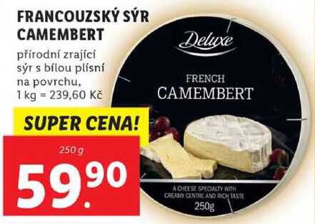 FRANCOUZSKÝ SÝR CAMEMBERT přírodní zrající sýr s bílou plísní na povrchu, 250 g