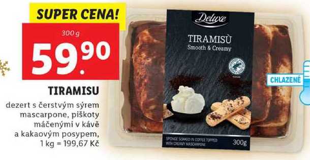 TIRAMISU dezert s čerstvým sýrem mascarpone, piškoty máčenými v kávě a kakaovým posypem, 300 g