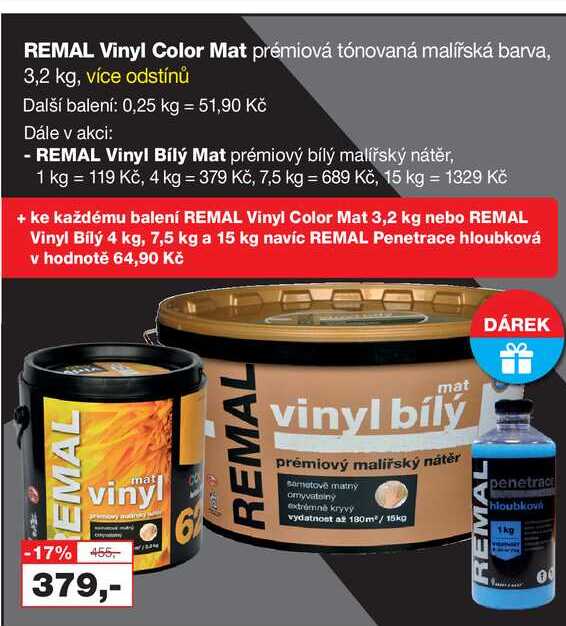 REMAL Vinyl Color Mat prémiová tónovaná malířská barva, 3,2 kg, více odstínů 