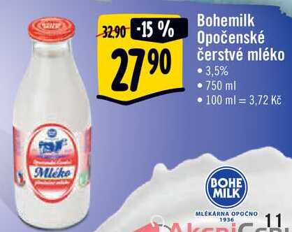 Bohemilk Opočenské čerstvé mléko, 750 ml