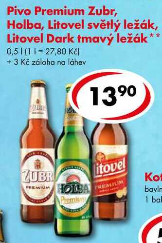 Pivo Premium Zubr, Litovel světlý ležák, Litovel Dark tmavý ležák, 0,5 l