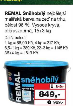 REMAL Sněhobílý nejbělejší malířská barva na zeď na trhu, bělost 96 %. Vysoce kryvá, otěruvzdorná, 15+3 kg