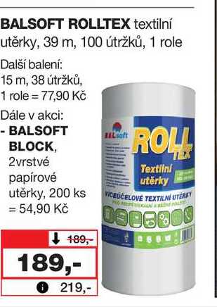 BALSOFT ROLLTEX textilní utěrky, 39 m, 100 útržků, 1 role