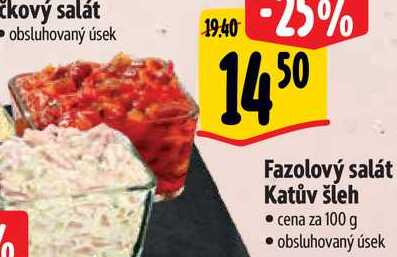 Fazolový salát Katův šleh, cena za 100 g 