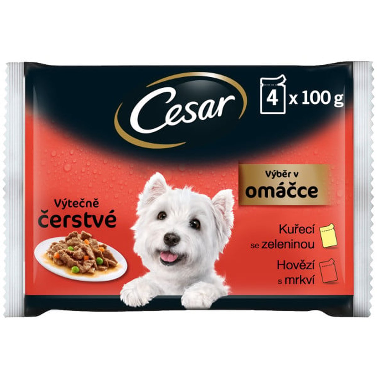 Cesar Kapsičky pro psy hovězí s mrkví a kuřecí se zeleninou v omáčce 4 × 100 g