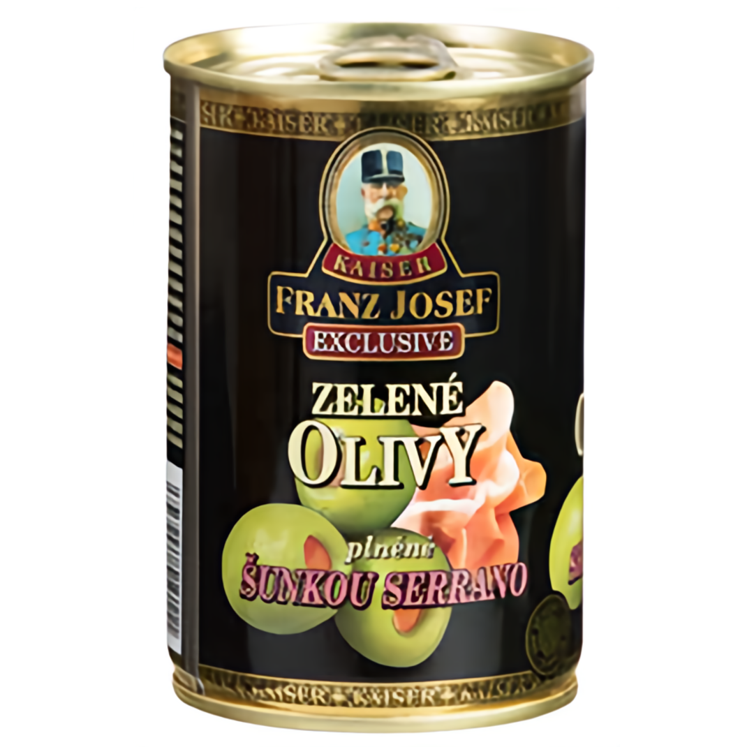 Franz Josef Kaiser Olivy zelené plněné sušenou šunkou Serrano plech