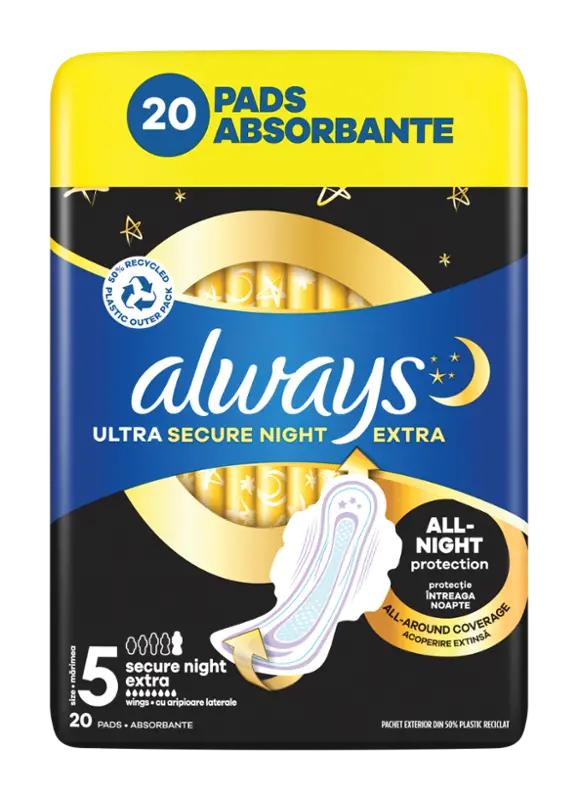 Always Hygienické vložky s křidélky Ultra Secure Night Extra vel. 5, 20 ks
