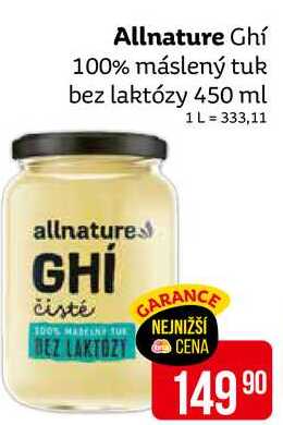Allnature Ghí 100% máslený tuk bez laktózy 450 ml 