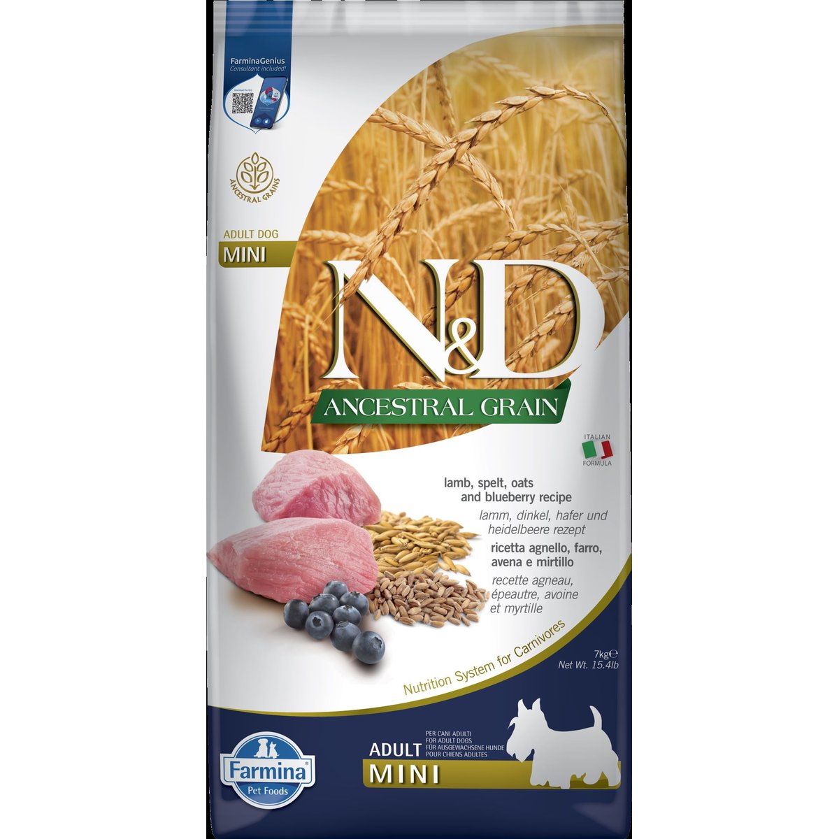 N&D Ancestral Grain granule pro dospělé psy malých plemen s jehněčím a borůvkami