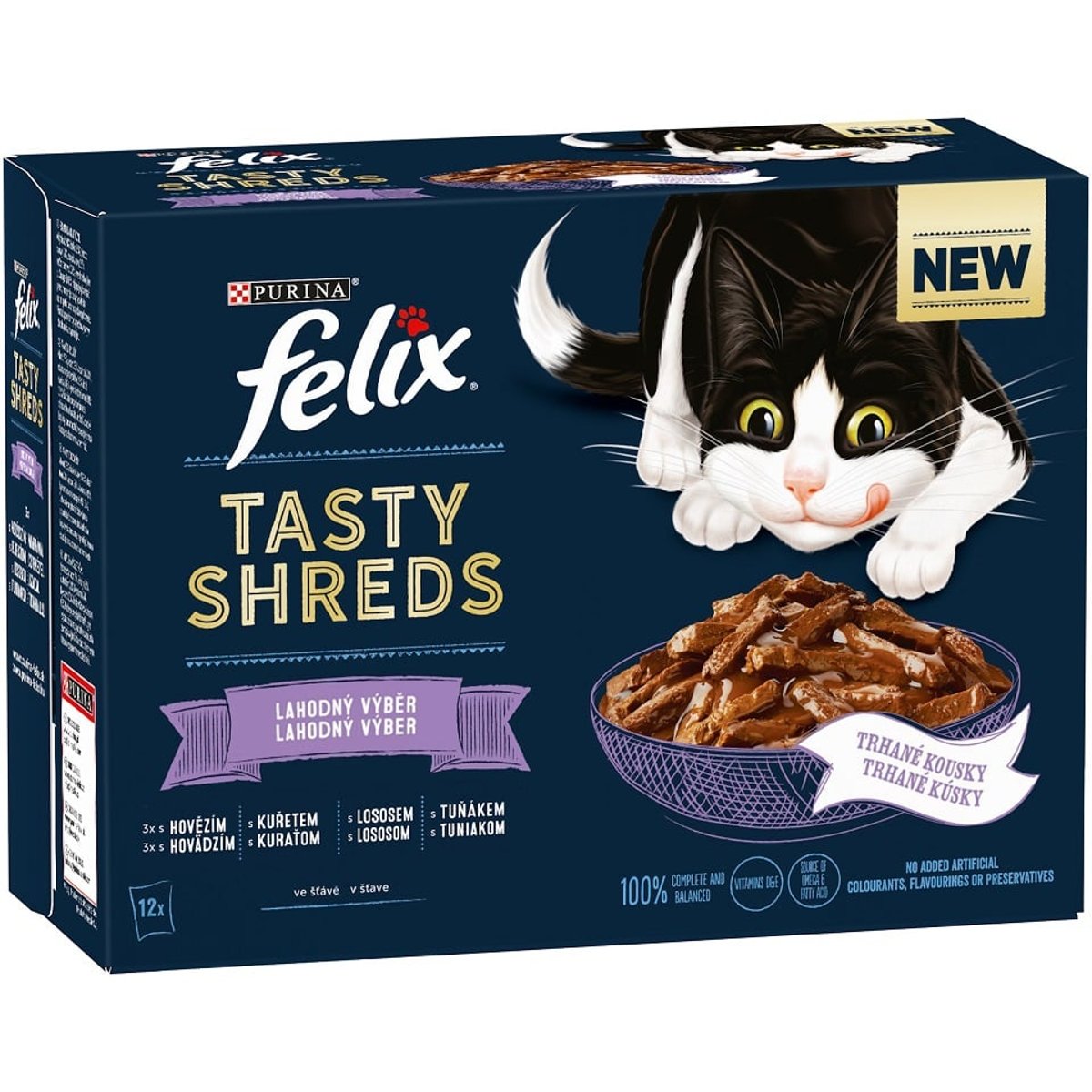 Felix shreds Kapsičky hovězí, kuře, losos a tuňák pro kočky (12×80 g)