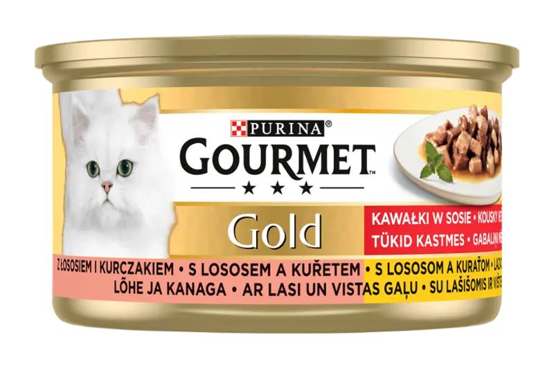 Gourmet Gold Konzerva kousky ve šťávě s lososem a kuřetem, 85 g