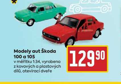 Modely aut Škoda 100 a 105 v měřítku 1:34, vyrobeno z kovových a plastových dílů, otevírací dveře