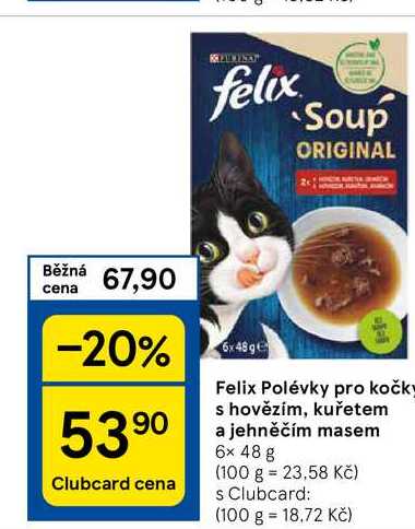 Felix Polévky pro kočky s hovězím, kuřetem a jehněčím masem, 6x 48 g 