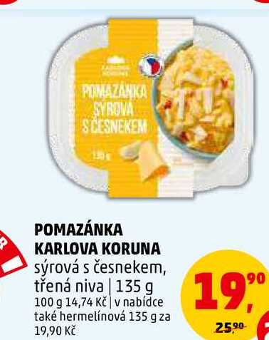 POMAZÁNKA KARLOVA KORUNA sýrová s česnekem, třená niva, 135 g
