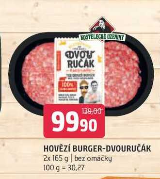 Hovězí burger dvouručák 2x 165 g bez omáčky 