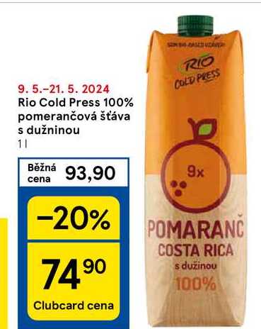 Rio Cold Press 100% pomerančová šťáva s dužninou, 1 l